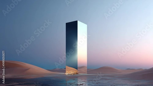 Surreal desert landscape with mirror monolith reflecting dunes at sunset, conceptual art installation near calm water