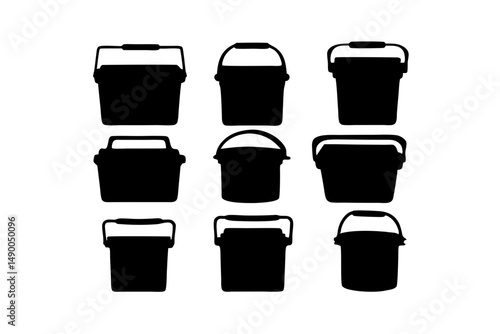 set of plastic ice chest coolers with handle black silhouette vector illustration