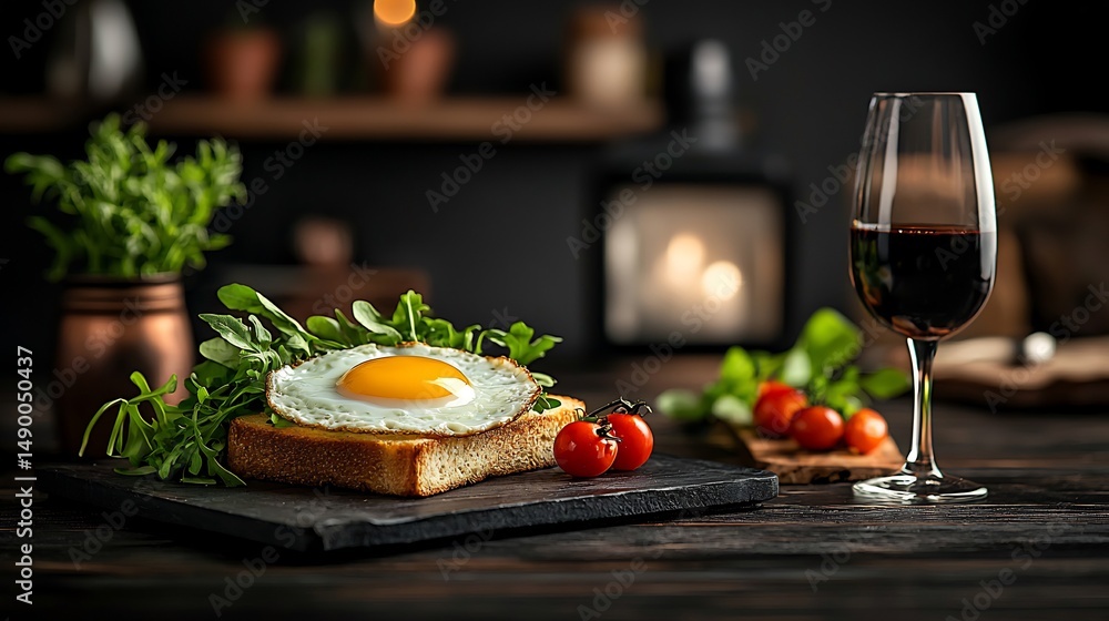 Crispy toasted bread topped with a fried egg and fresh herbs. A glass of red wine is in the background Crispy toasted bread topped with a fried egg and fresh herbs. A glass of red wine is in the background