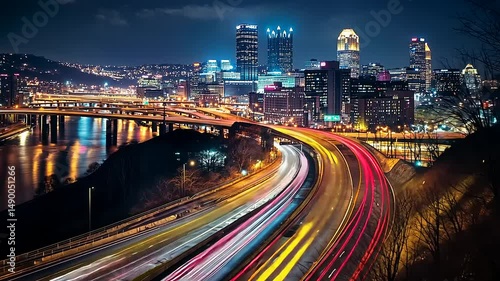 Nighttime cityscape of Pittsburgh with light trails on a highway and skyline illuminated by city lights