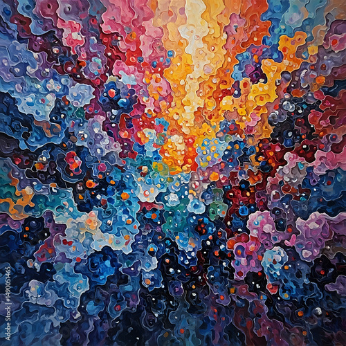 The image displays a vibrant abstract painting featuring a multitude of overlapping, fluid shapes and patterns in a variety of vivid colors.