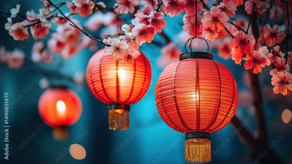 Fototapeta premium Illuminated red lanterns hanging from cherry blossom branches.