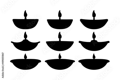 set of traditional diya lamps black silhouette vector illustration