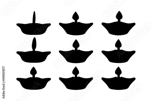 set of traditional diya lamps black silhouette vector illustration