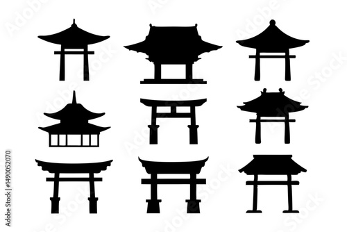 set of traditional Japanese pagodas black silhouette vector illustration