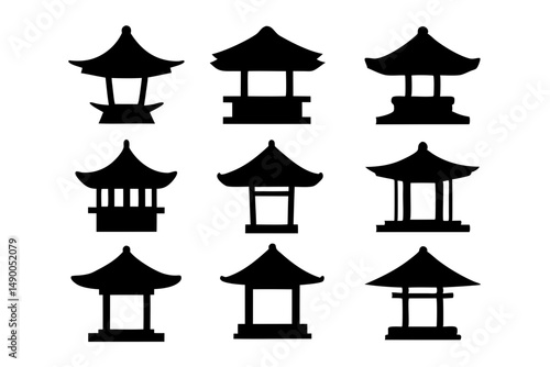 set of traditional Japanese pagodas black silhouette vector illustration