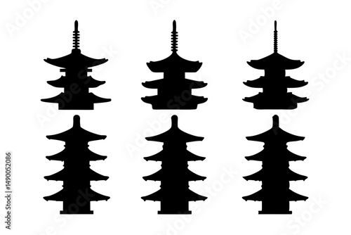 set of traditional Japanese pagodas black silhouette vector illustration