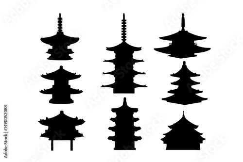 set of traditional Japanese pagodas black silhouette vector illustration