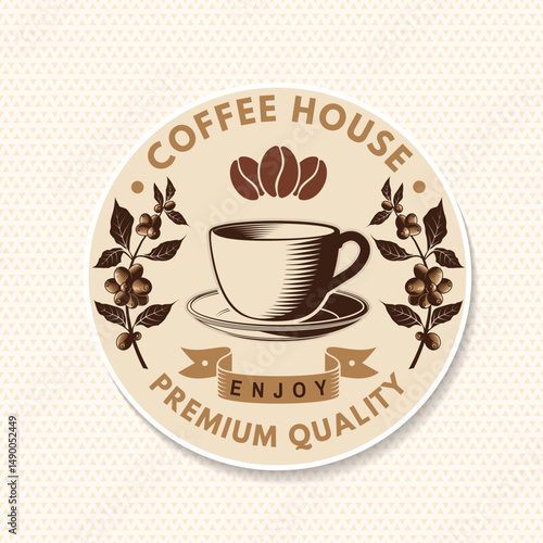 Coffee house. Vector illustration. Concept for cafe and restaurant logo, brand, label. Vintage Coffee House Logo with Cup, Beans and coffee tree branch