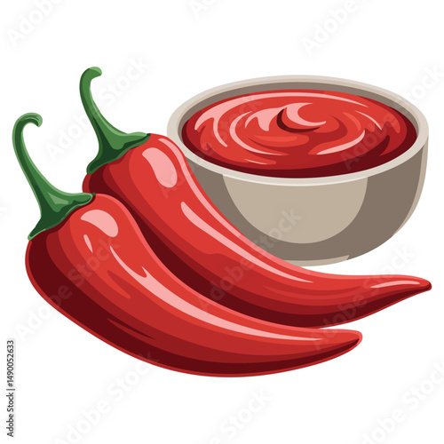 Chili peppers with ketchup condiment isolated vector illustration on white background