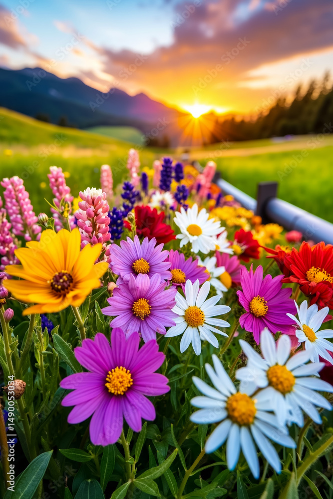 Fototapeta premium A field of colorful flowers with the sun setting in the background