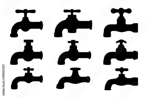 set of water taps black silhouette vector illustration