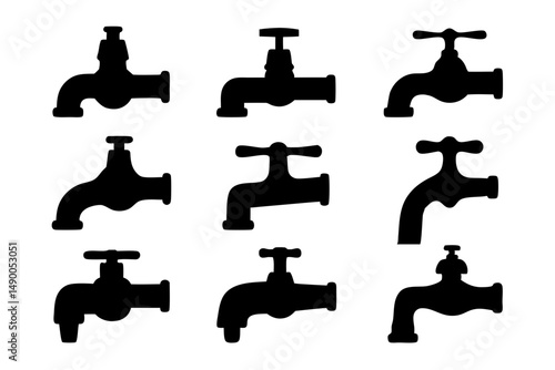 set of water taps black silhouette vector illustration