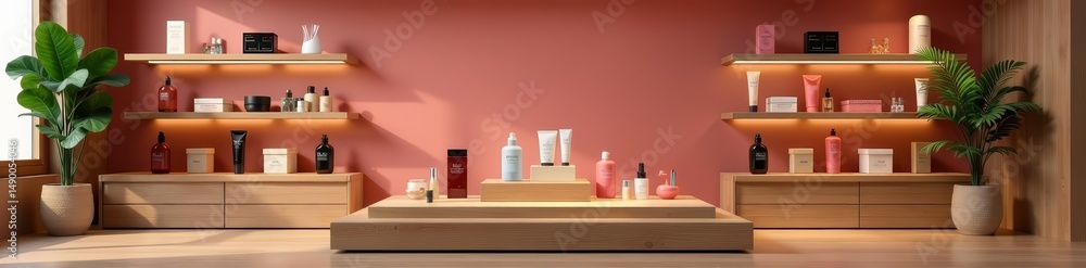 Fototapeta premium Wooden podium with glass shelves for showcasing fashion and beauty products, modern, wooden, display