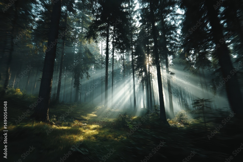 Obraz premium A blurred forest landscape with gentle light rays streaming through the trees, offering a tranquil, natural vibe