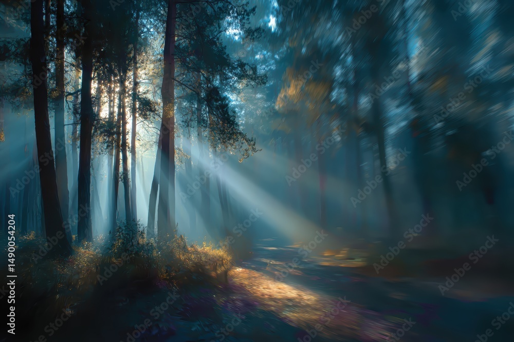 Naklejka premium A blurred forest landscape with gentle light rays streaming through the trees, offering a tranquil, natural vibe