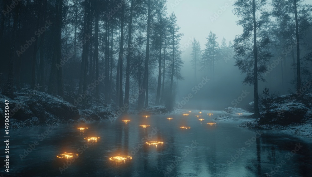 Fototapeta premium Misty winter forest river with glowing orbs