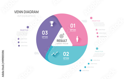 Venn diagram infographic circle 3 step chart template for business start up presentation vector illustration.