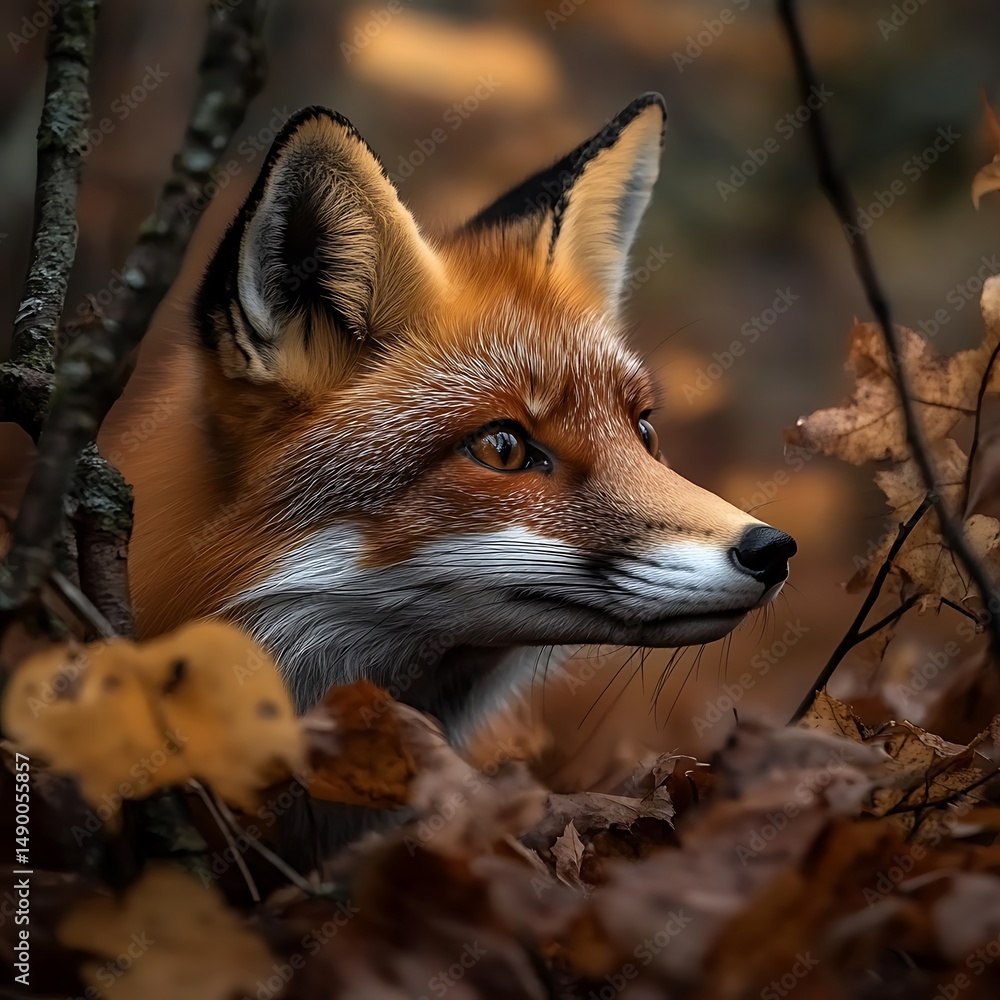 Fototapeta premium The Soft Bokeh and Autumn Foliage Enhance the Curious Gaze of a Peeking Red Fox