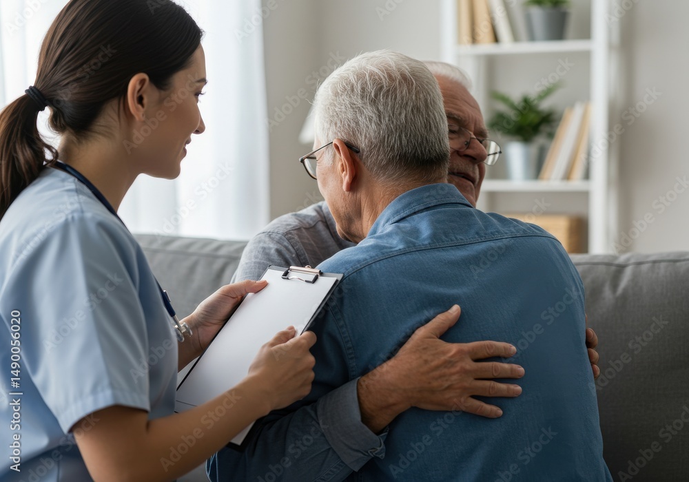 Obraz premium Nurse holding a clipboard hugging a senior man on a couch in a home setting