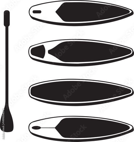Stand Up Paddle Board Vector Set with Paddle and Bungee Storage Cord