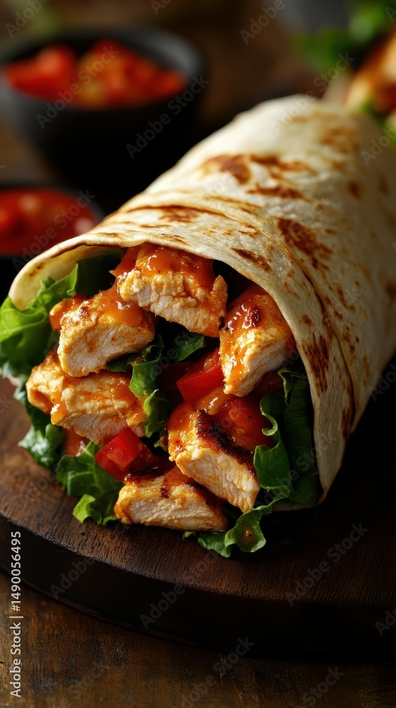A delicious chicken wrap filled with fresh vegetables and spicy sauce served on a wooden board A delicious chicken wrap filled with fresh vegetables and spicy sauce served on a wooden board
