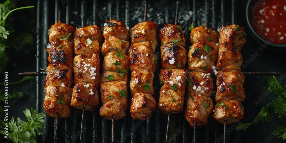 Delicious grilled meat skewers served with sauce and garnished with herbs in a rustic setting Delicious grilled meat skewers served with sauce and garnished with herbs in a rustic setting
