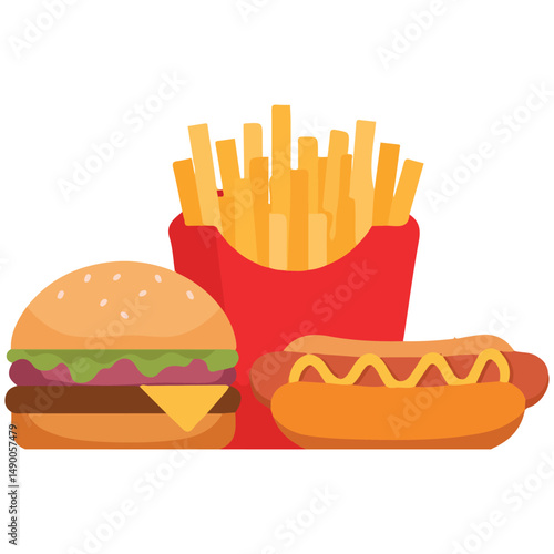 Set of fast food items meal combo isolated vector illustration on white background