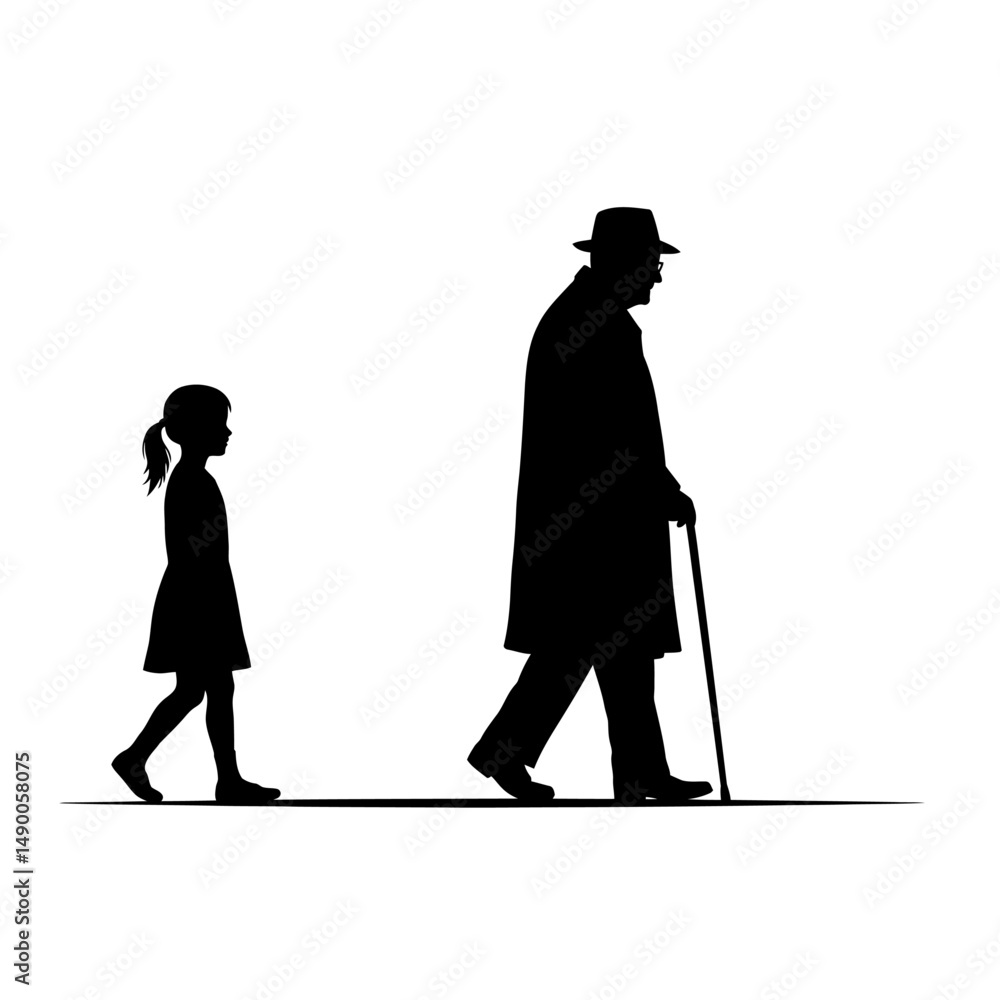 Obraz premium Silhouette of a girl walking alongside an older man with a cane on a white background image art