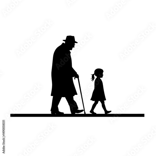 Silhouette of an elderly man with a cane walking alongside a young girl on a white background