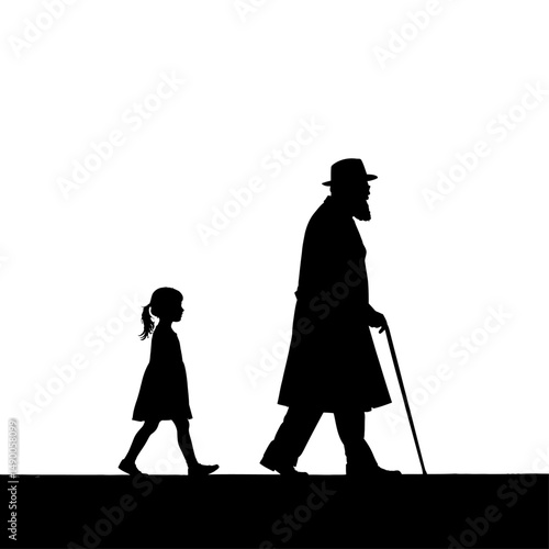 Silhouette of a young girl and an older man walking side by side against a bright white background