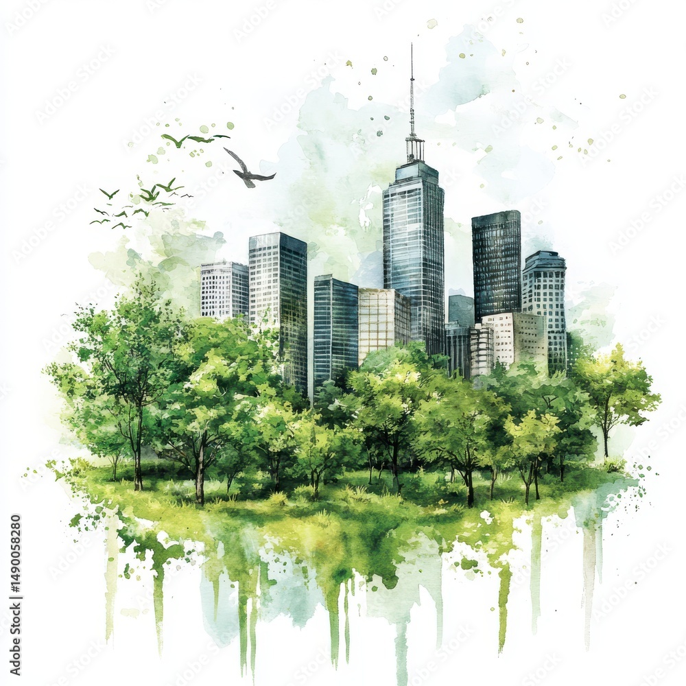 Obraz premium Tranquil Cityscape Watercolor Painting with Lush Greenery and Bird