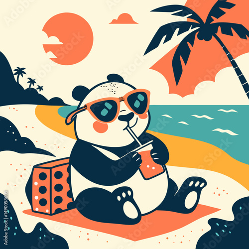 Cool panda relaxing on the beach, wearing sunglasses and sipping juice – fun summer animal illustration.