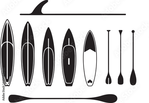 Collection of Stand Up Paddle Boards and Paddles - Vector Set with Fin and Gear Elements