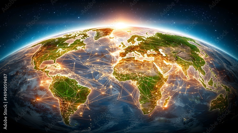 Fototapeta premium The image shows a digitally enhanced view of Earth from space, highlighting global interconnectedness through a network of bright lines representing communication and transportation routes.