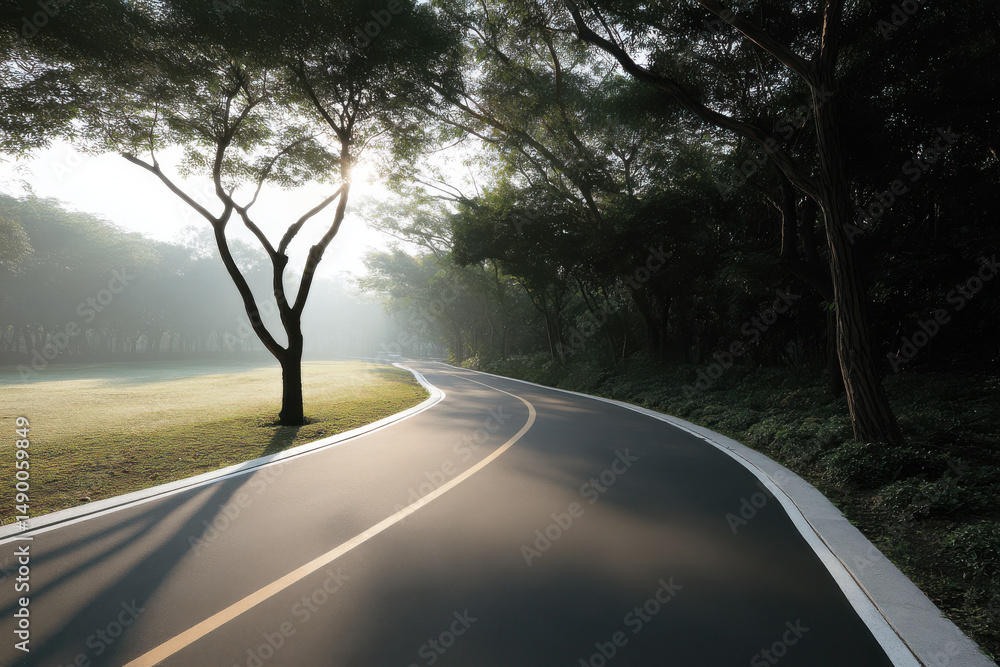 Obraz premium serene running track winding through lush green forest sunlight filtering through trees creating peaceful
