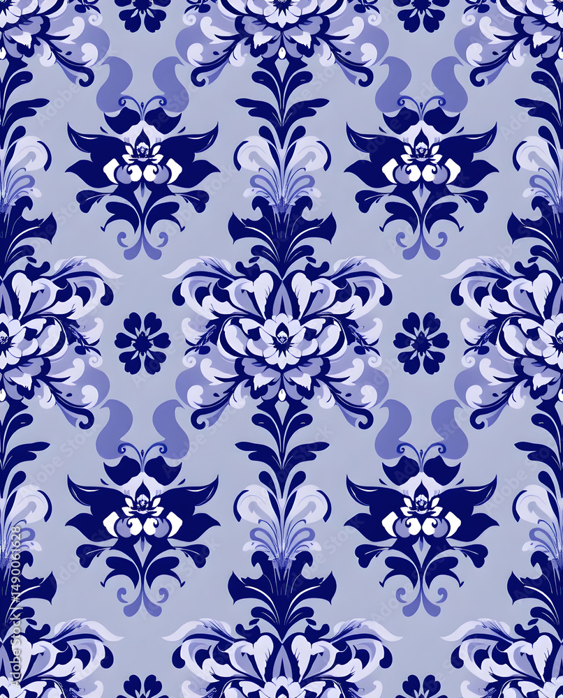 Fototapeta premium Victorian Baroque damask pattern in indigo violet elegance.
