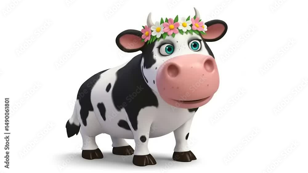 Cartoon cow with a floral crown, smiling cheerfully against a simple white background Cartoon cow with a floral crown, smiling cheerfully against a simple white background