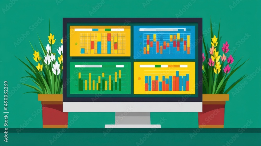 Financial Data Analysis on Computer Screen with Flowers, Investment Charts and Growth, Finance Report Financial Data Analysis on Computer Screen with Flowers, Investment Charts and Growth, Finance Report