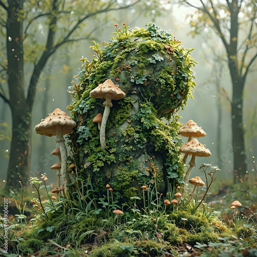 The image features a cluster of mushrooms, some brown and others orange, growing on a mossy rock in a lush forest, with trees and foliage in the background.