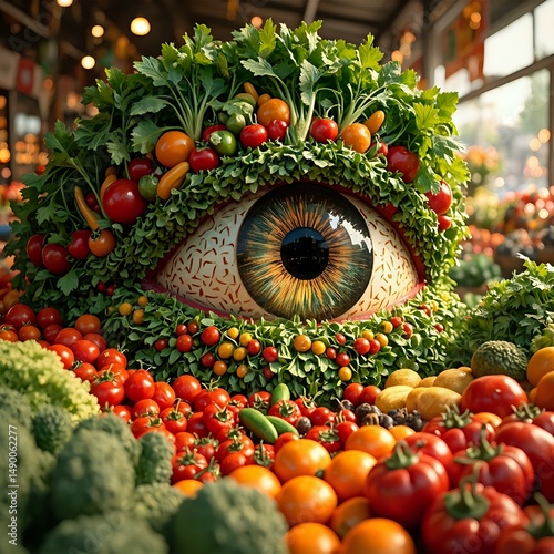 A vibrant display of vegetables, meticulously arranged to mimic the appearance of an eye, with a variety of tomatoes, greens, and other produce filling the intricate eye structure.