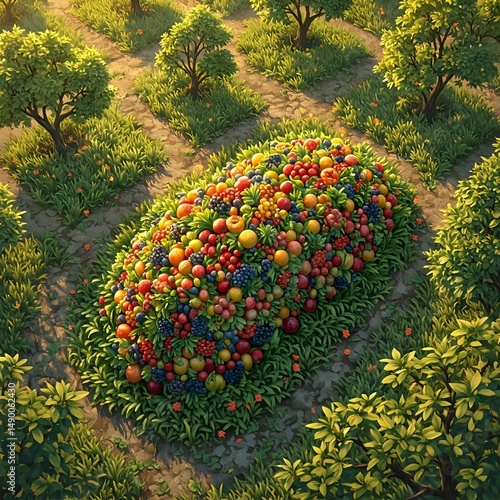 A digital illustration depicts an outdoor garden scene with a cluster of assorted fruits and vegetables in the foreground, surrounded by lush greenery and winding paths, evoking a sense of a fruit gar