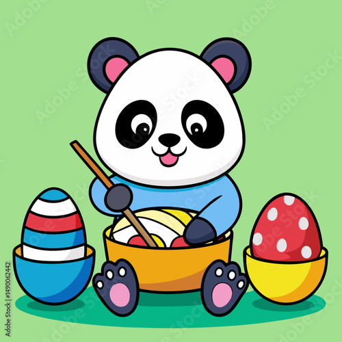 Cute panda painting colorful Easter eggs, perfect for spring and holiday-themed designs.