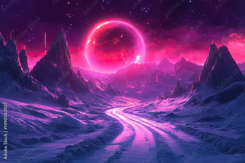 Obraz premium Sci-fi landscape with planet, neon light, cold planet. Galaxy, unknown planet.