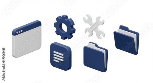 Software Settings and File Management Icons, 3D Isometric