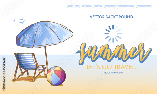 summer banner for vacation, travel, with handwritten text and loading icon, beach umbrella and sun lounger
