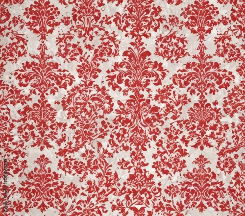 Bold red damask pattern on crisp white vintage wallpaper , antique, floral