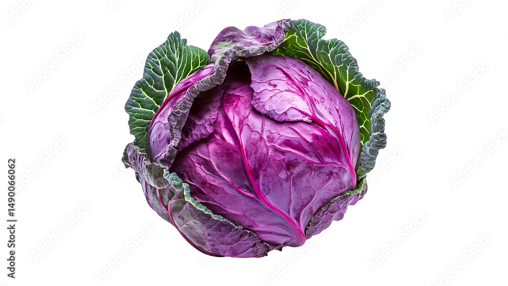 Obraz premium A fresh and vibrant head of cabbage, centered on the canvas with its leaves slightly ruffled on one side, cut out