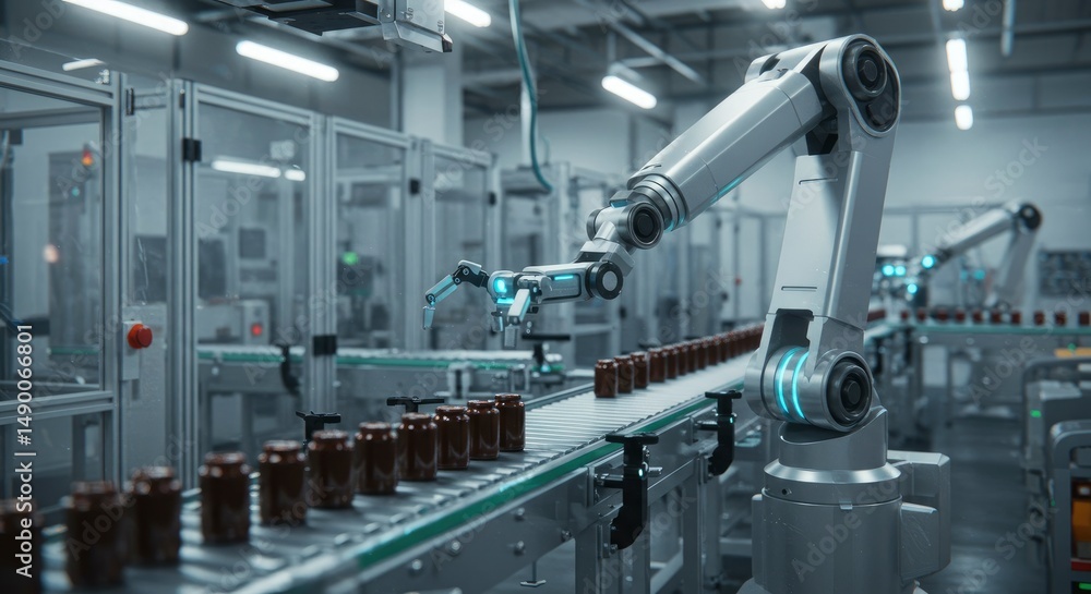Automated packaging line in modern facility Automated packaging line in modern facility