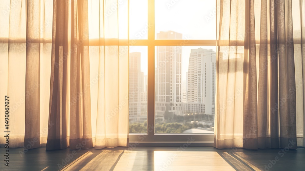 Fototapeta premium Sunlight streams through sheer curtains onto a city view.
